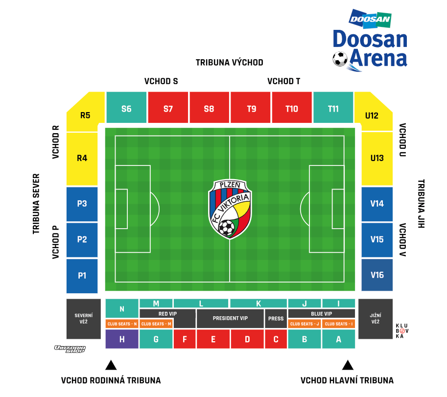 Schéma stadionu Doosan Arena v Plzni s vyznačením sektorů, vstupů a logem FC Viktoria.
